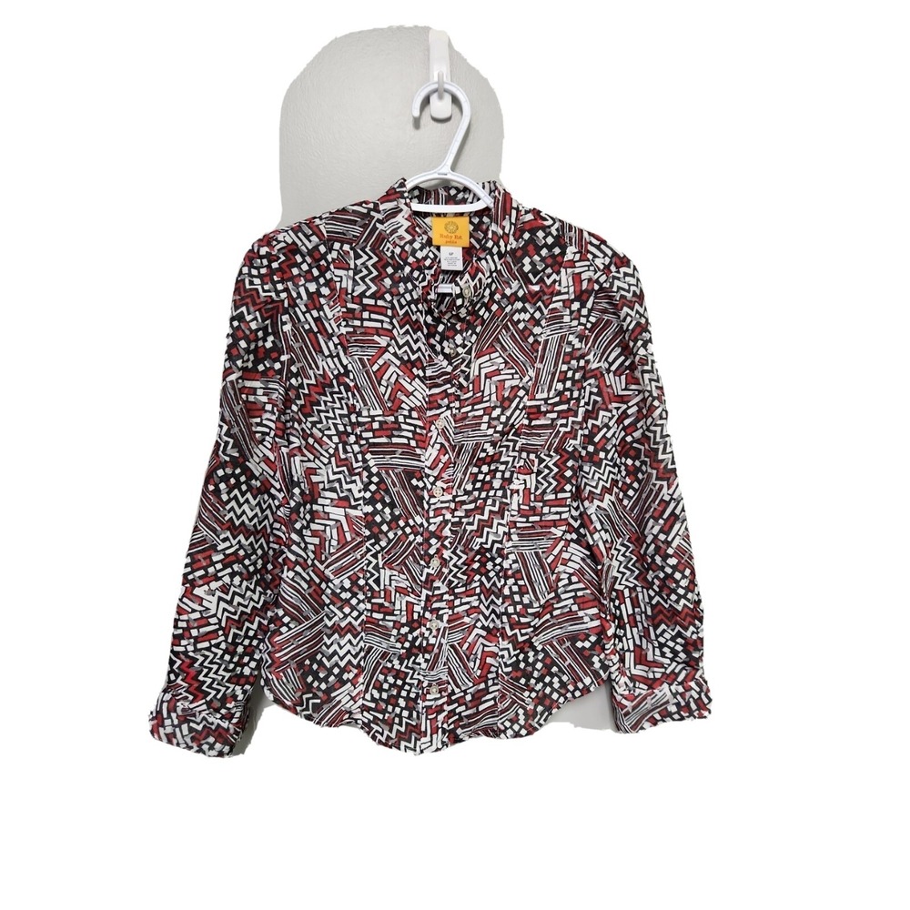 Ruby Rd Women's Button Front Sheer Blouse Red Black White Mock Neck Size 6P